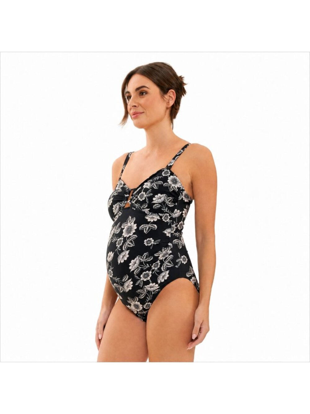Ripe Maternity black floral print maternity one piece swimsuit. Size Large